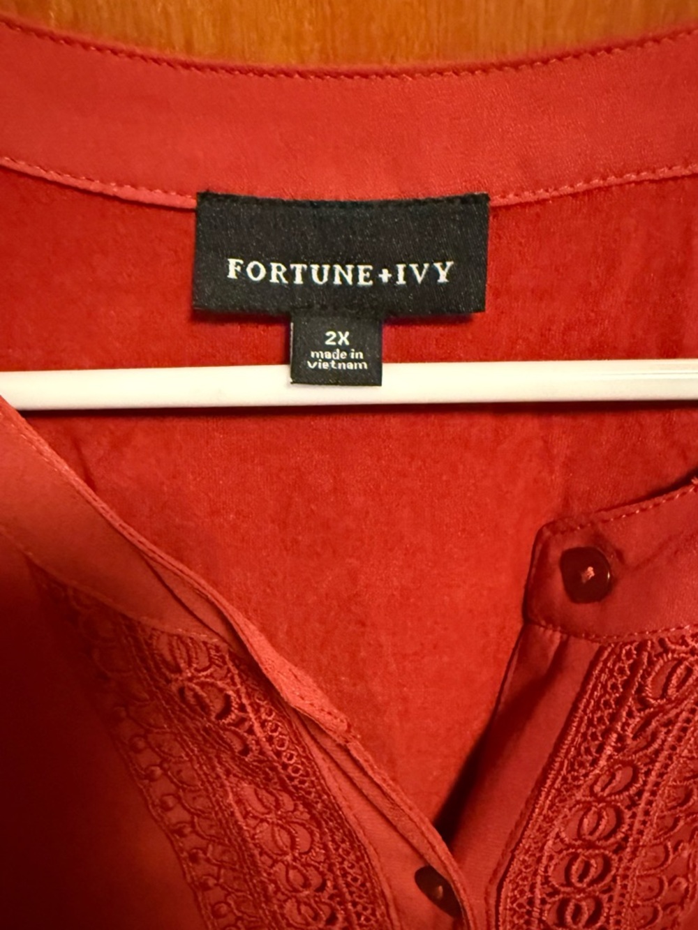 Fortune + Ivy Belinda Plus-Size Crochet-Trim Button Front Blouse in Rust - Picture 5 of 12